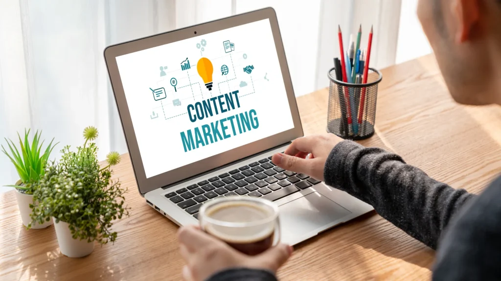 A laptop screen displaying the words 'Content Marketing,' representing how content marketing services UK can drive audience engagement and boost online presence
