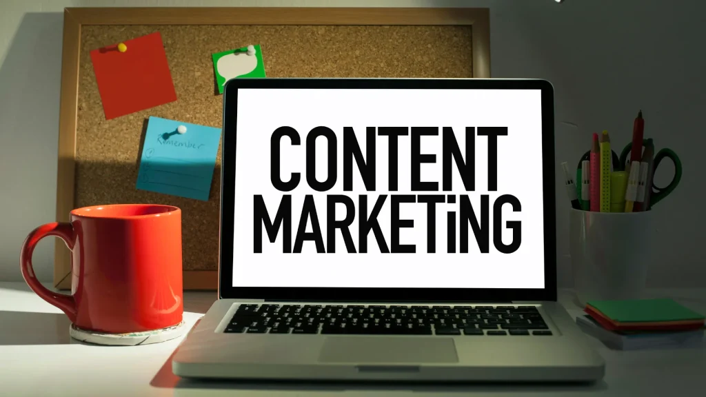 A close-up of a laptop with 'Content Marketing' displayed on the screen, symbolizing the importance of content marketing services UK for building brand awareness