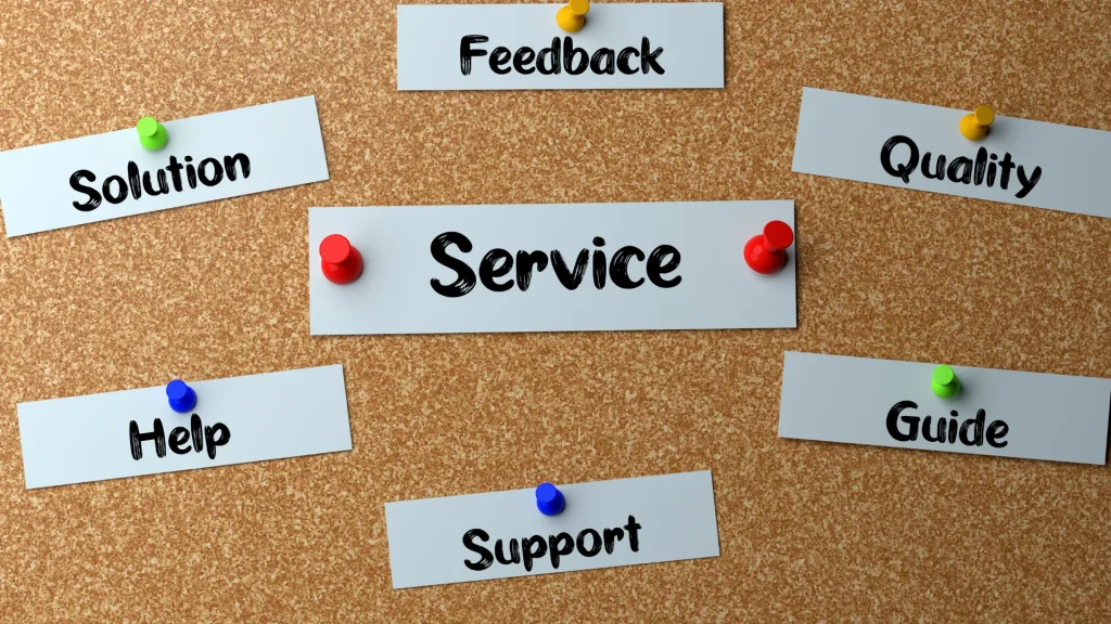 A corkboard featuring key marketing terms like 'Service,' 'Help,' and 'Support,' reflecting the comprehensive nature of content marketing services UK for businesses