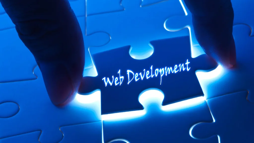 HTML5 web development services illustrated with a glowing puzzle piece labeled 'Web Development,' symbolizing modern web solutions