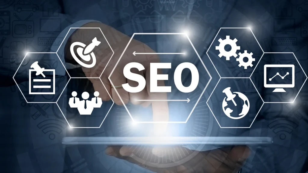A hand interacting with icons related to SEO optimization, symbolizing local SEO services for UK businesses to boost online visibility and improve local search rankings