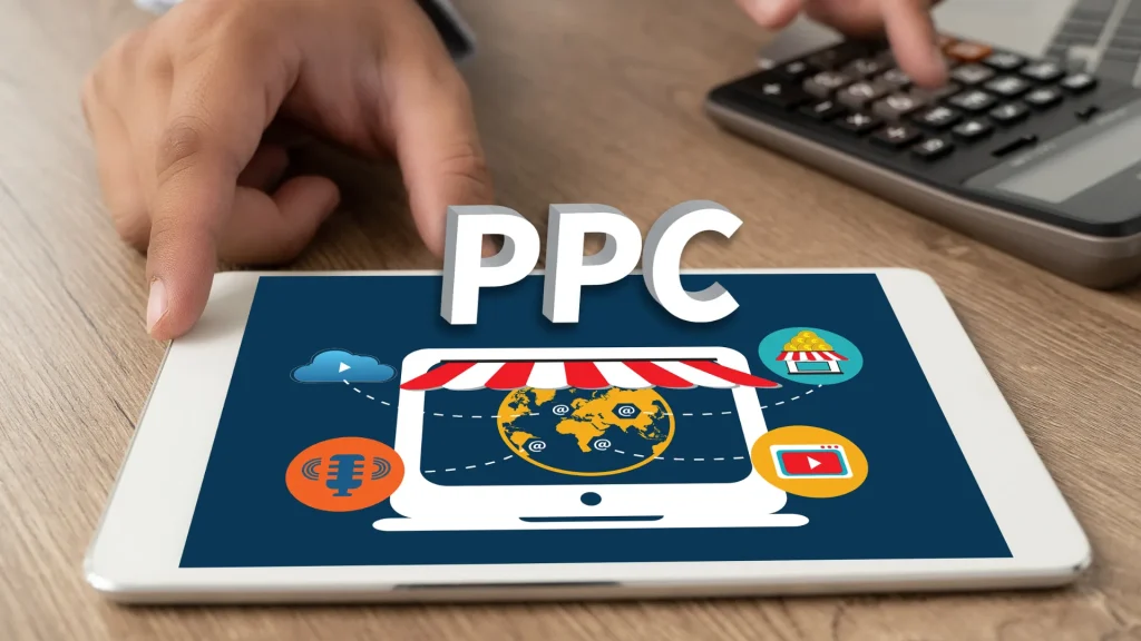 A person engaging with a tablet showing Pay-per-click (PPC) advertising UK services with e-commerce and digital icons