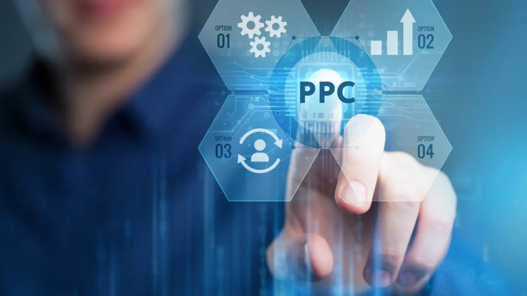 A hand interacting with a futuristic interface showing Pay-per-click (PPC) advertising UK services to optimize online campaigns