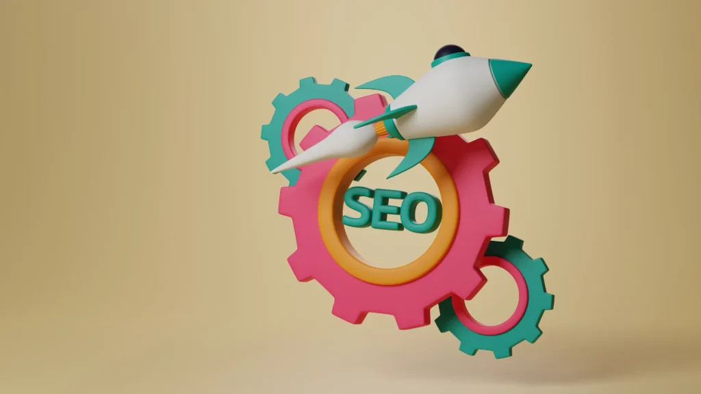 A vibrant SEO rocket flying through gears, symbolizing the power of SEO for digital marketing agencies in accelerating online growth