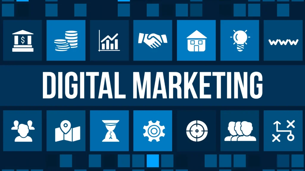 A collection of digital marketing icons with the focus on SEO for digital marketing agencies to improve results through effective online strategies